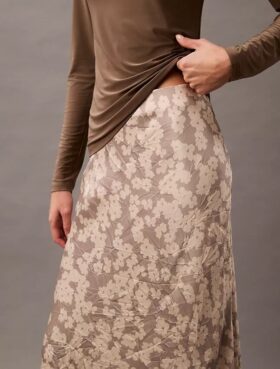 Crushed Satin Print Midi Skirt