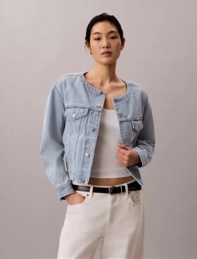 Lyhyt, kauluseton denim-Trucker Jacket Lyhyt, kauluseton denim-Trucker Jacket