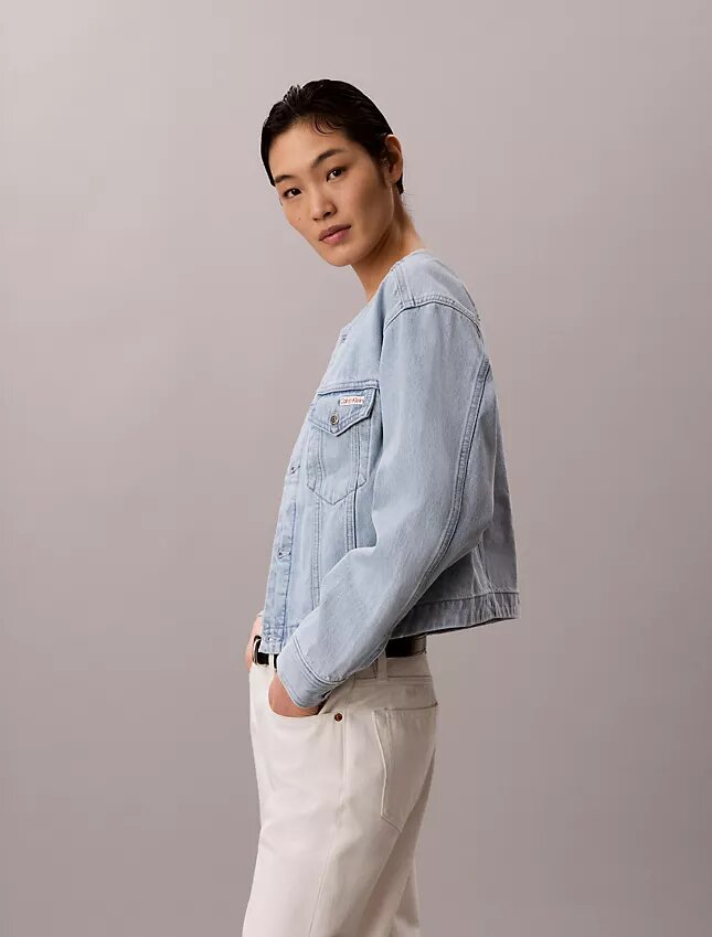 Lyhyt, kauluseton denim-Trucker Jacket Lyhyt, kauluseton denim-Trucker Jacket