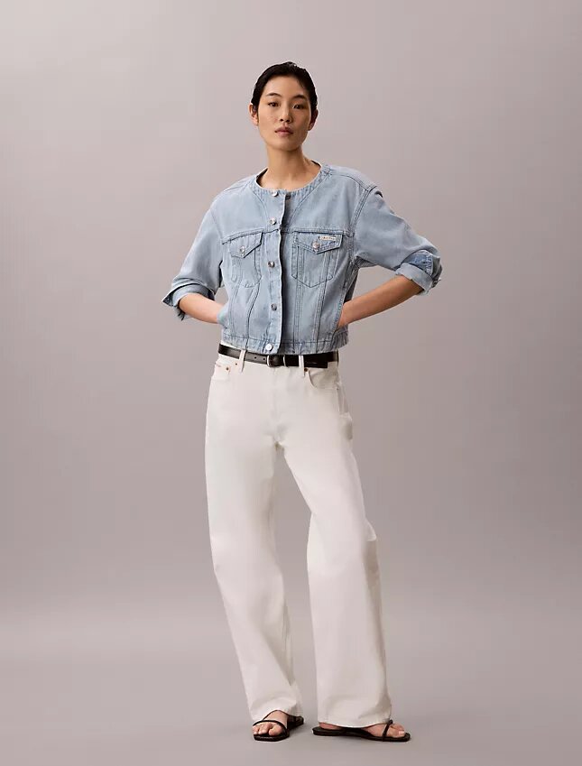 Lyhyt, kauluseton denim-Trucker Jacket Lyhyt, kauluseton denim-Trucker Jacket