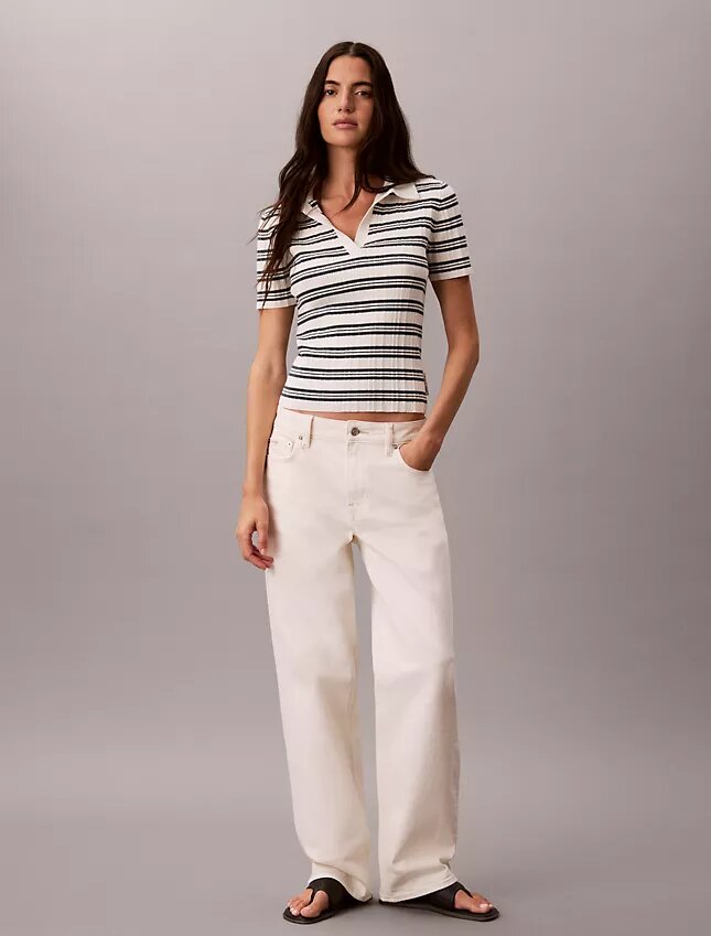 Raidallinen ribbineulottu slim-polo Raidallinen ribbineulottu slim-polo
